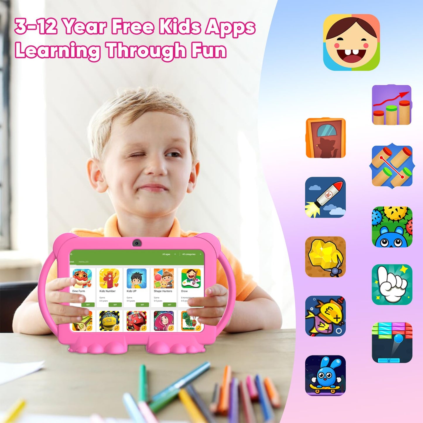 Kids Tablet 7 inch Android 12, 4GB RAM 32GB ROM, 512GB Expandable, with Parental Control, WiFi, Bluetooth, Dual Camera with Silicone Case,