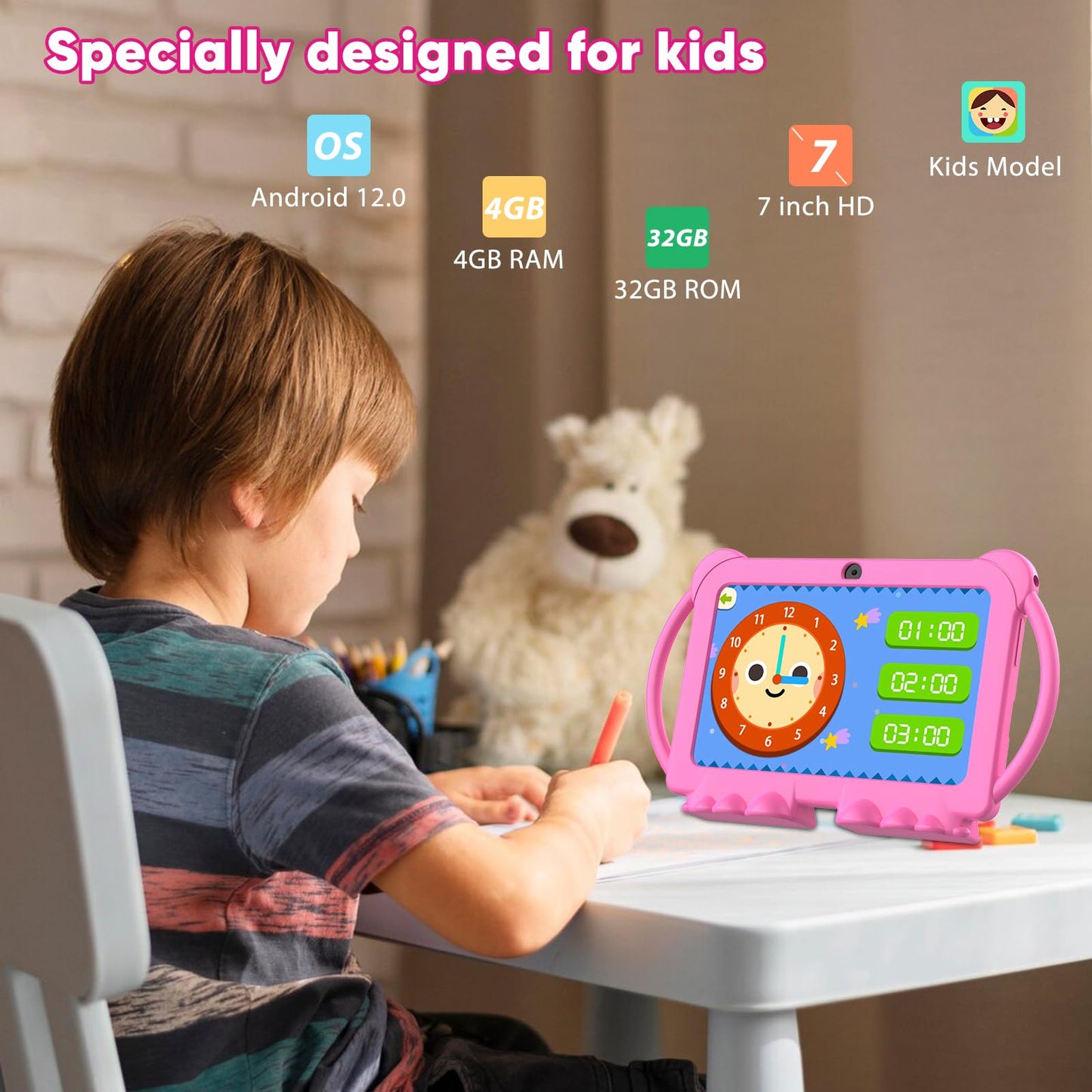 Kids Tablet 7 inch Android 12, 4GB RAM 32GB ROM, 512GB Expandable, with Parental Control, WiFi, Bluetooth, Dual Camera with Silicone Case,