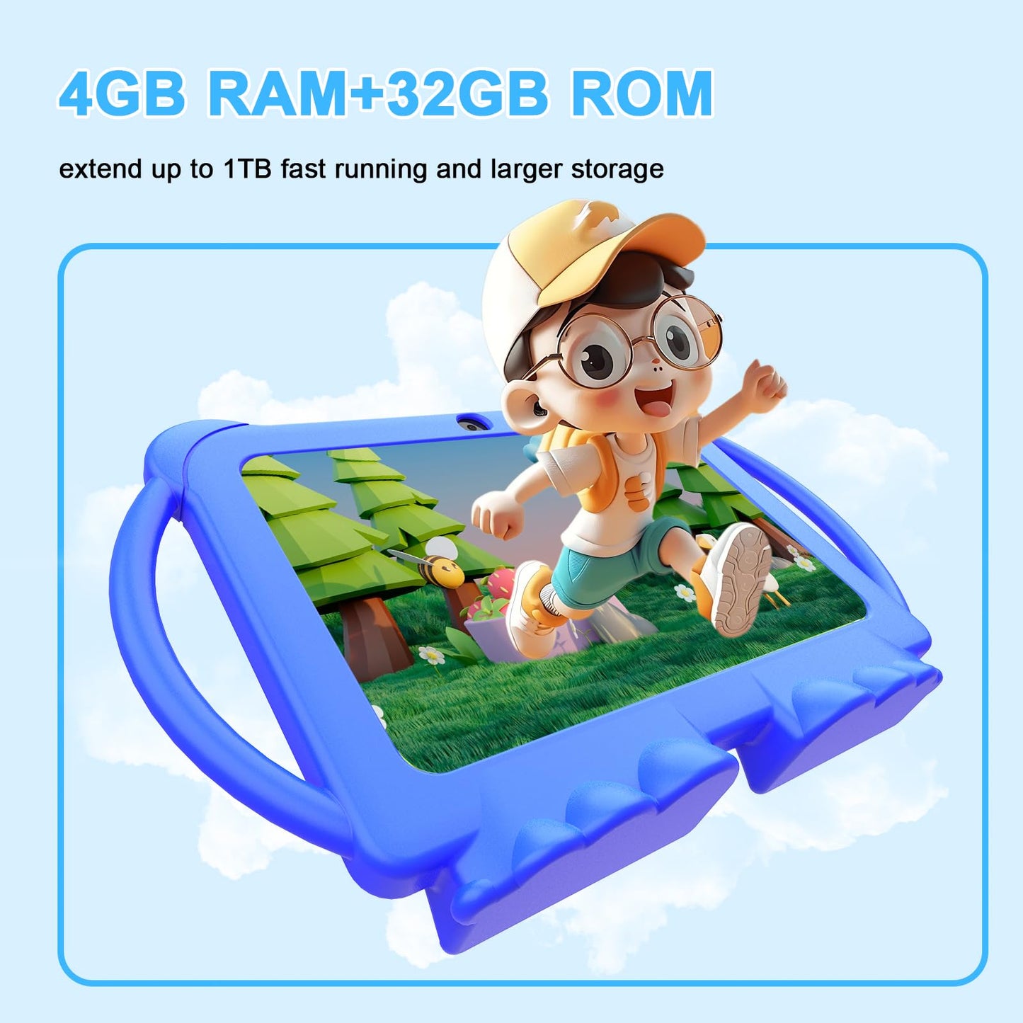 Kids Tablet 7 inch Android 12, 4GB RAM 32GB ROM, 512GB Expandable, with Parental Control, WiFi, Bluetooth, Dual Camera with Silicone Case,