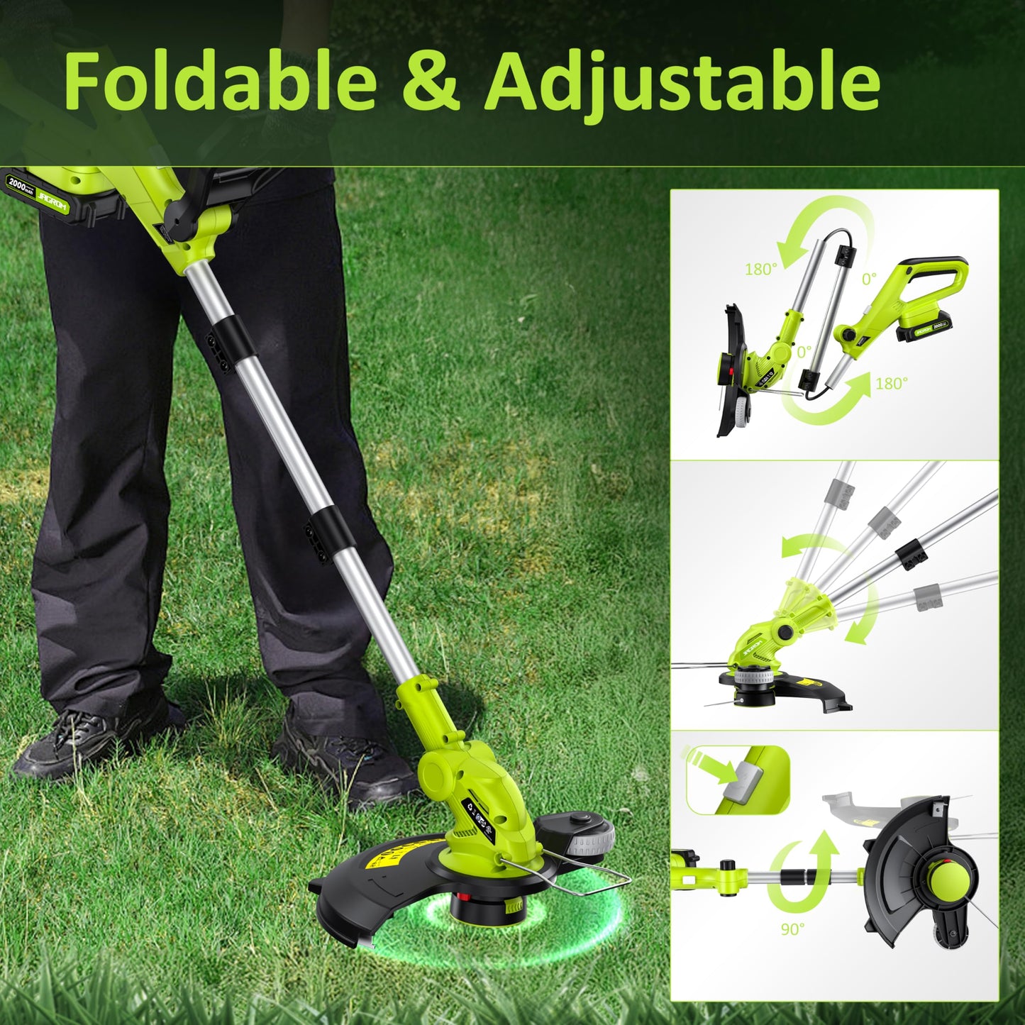 Electric String Trimmer Cordless with 2x2.0Ah Battery, 20V Battery Powered 12-inch Lawn Mover & Edger Lawn Tool with Charger,
