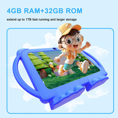 Kids Tablet 7 inch Android 12, 4GB RAM 32GB ROM, 512GB Expandable, with Parental Control, WiFi, Bluetooth, Dual Camera with Silicone Case,