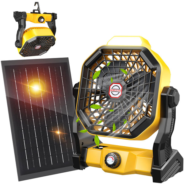 20000mAh Solar Fan with LED Lantern, Camping Fan with Solar Panel, 7W Rechargeable Powered for Outside, Quiet Battery Operated Tent Fan for Picnic, Barbecue, Fishing, Travel